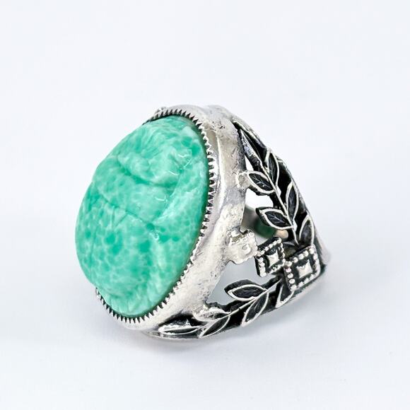 Vintage Sterling Silver 925 Ornate Green Resin Scarab Beetle Ring Size 4.5 - Picture 5 of 8